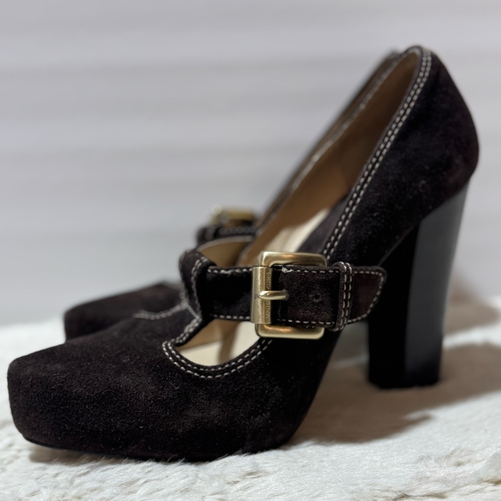 Michael Kors Dark Brown Suede Mary Jane Heels with Gold Buckle